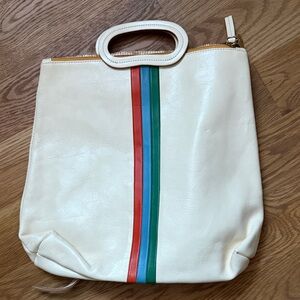 Clare V Cream Backpack with Red, Blue, and Green Stripes